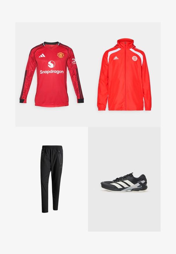 adidas Performance FC BAYERN MUNICH URBAN PURIST WINDBREAKER - Treningsjakke - red/white; Rød langermet fotballdrakt med svarte detaljer, v-halsdesign, Adidas-logo, Manchester United-merke og "Snapdragon"-tekst på forsiden.; Svarte treningsbukser med elastisk liv, to glidelåslommer på sidene, avsmalnende ben og en subtil logo detalj ved hoften.; Svart treningssko med hvite striper, mesh-overdel, avrundet tå og polstret såle. Har en teksturert hæl og et sikkert snøresystem.