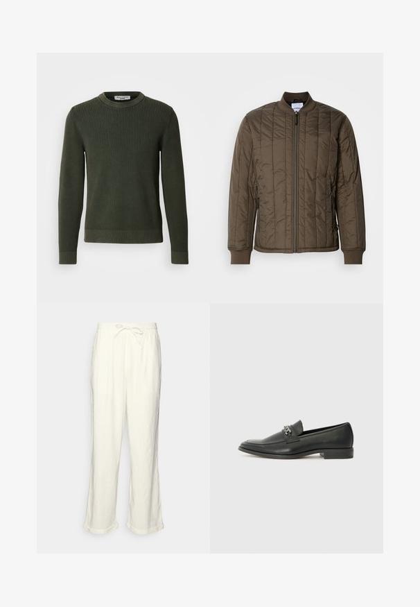 Tamsiai alyvuogių spalvos siuvinėtas bombonešis su užtrauktuku priekyje, ilgomis raitytomis rankovėmis ir dviem šoninėmis kišenėmis. Sklandžiai, lengvas audinys.; Tamsiai žalias megztinis su ribotu raštu, apvalia iškirpte ir ilgomis rankovėmis. Turi tvarkingai apdailintą apačią ir rankogalius.; Neryškios baltos lino kelnės su raišteliu liemens srityje, šiek tiek plačiomis kojomis ir sukniustais mankštiniais kraštais, suteikiančiais laisvą prigludimą. Be kišenių.; Juodos odinės loafer tipo bateliai su lygiu paviršiumi, turintys siuvinėtą dizainą ir dekoratyvų metalo grandinėlės akcentą ant batų viršaus. Plokščias kulnas.