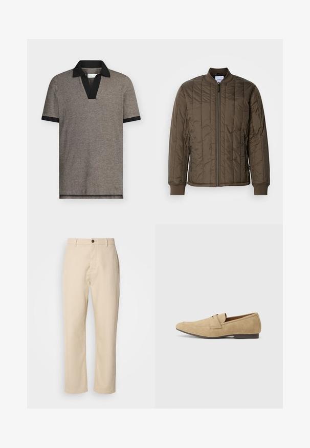 Quiltet bomberjakke i mørk olivengrønn, med glidelås foran, ribbestrikkede mansjetter og to sidelommer. Glatt, lett materiale.; Polo-skjorte i grått strukturert stoff med svart krage og ermekanter. Har V-hals-design, korte ermer og rett kant.; Beige bomullsbukser med rette ben, frontlukking med knapp, sidelommer og en jevn tekstur. Minimalistisk design, ingen synlige mønstre.; Beige mokkasiner i semsket skinn med en lett glans, med rund tå, slip-on design og en lav brun hæl. Diskret sømdetalj.