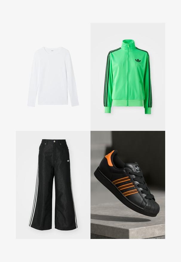 Grüne Polyester-Trainingsjacke mit Stehkragen, schwarzen drei Streifen an den Ärmeln und einem kleinen schwarzen Logo auf der Brust.; Weißes Langarmshirt aus glattem Baumwollstoff mit rundem Halsausschnitt und ohne Muster oder Verzierungen. Klassisches, minimalistisches Design.; Schwarze, weit geschnittene Jeans mit drei weißen Streifen an jeder Seite und einem kleinen weißen Logo. Mit vorderen Taschen und einem Knopfverschluss.; Schwarze Sneaker mit orangen Akzenten, drei horizontalen Streifen, strukturiertem Lederobermaterial, Gummikappe und schwarzen Schnürsenkeln.