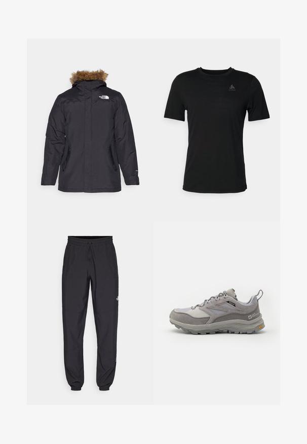 Schwarze Winterparka-Jacke mit einer mit Fell gefütterten Kapuze, seitlichen Reißverschlusstaschen und einem Logo auf der Brust, ausgestattet mit einer glatten Außenfläche.; Schwarzes T-Shirt aus leichtem Material, mit rundem Halsausschnitt, kurzen Ärmeln und einem kleinen Markenlogo auf der oberen linken Seite.; Schwarze Sporthosen aus leichtem Stoff, mit einem Kordelzugbund, seitlichen Taschen und schmal zulaufenden Bündchen an den Knöcheln.; Jack Wolfskin CYROX TEXAPORE LOW - Hikingschuh - pebble