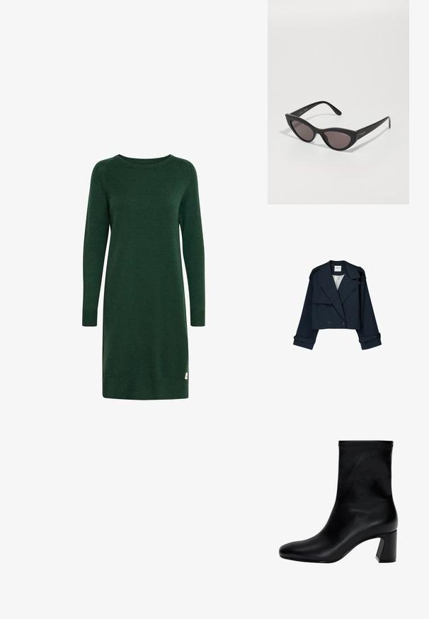 Giacca corta blu navy con davanti doppiopetto, ampie revers e dettagli con bottoni. Caratterizzata da una texture liscia e maniche lunghe con polsini.; Abito verde lavorato a maglia con maniche lunghe, scollo rotondo e polsini a coste. Presenta un piccolo logo etichetta vicino all'orlo.; Stivaletto nero fino alla caviglia in pelle liscia. Presenta una punta quadrata, un bordo elastico e un tacco robusto per la stabilità. Design minimalista.; Occhiali da sole a forma di occhio di gatto con montatura nera opaca e lenti scure, con il marchio "vogue" sul lato e una forma angolare distintiva.