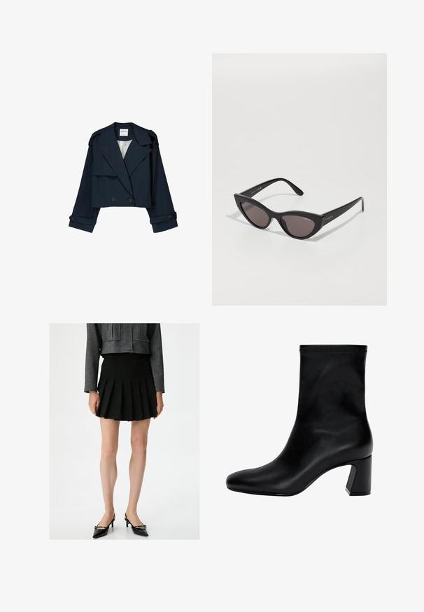 Marinefarbene, kurz geschnittene Jacke mit doppelter Knopfleiste, großen Revers und Knopf-Akzenten. Sie hat eine glatte Textur und lange Ärmel mit Manschetten.; Schwarzer langärmeliger Strickpullover mit Rundhalsausschnitt, gerippten Bündchen und Saum sowie verkürzter Länge.; Schwarze, plissierte Rock mit einer glatten Textur. Kombiniert mit einer kurzen, grauen Texturjacke und schwarzen, spitzen Absätzen. Einfaches, klassisches Design.; Schwarzer Knöchelstiefel aus glattem Leder. Mit quadrater Zehenpartie, elastischem Schaft und einem stabilen Blockabsatz. Minimalistisches Design.; Cat-Eye-Sonnenbrille mit mattem schwarzen Rahmen und dunklen Gläsern, mit "Vogue"-Branding an der Seite und einer markanten, eckigen Form.; Even&Odd Handtasche - black
