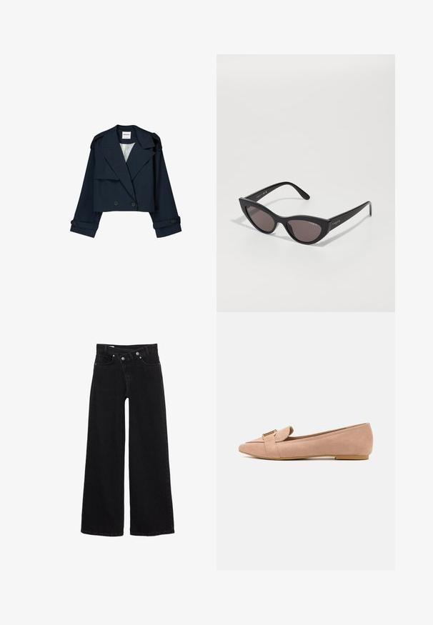 Marinblå croppad jacka med dubbelknäppt front, stora kragar och knappdetaljer. Har en slät yta och långa ärmar med manschetter.; Svart långärmad stickad tröja med rund halsringning, ribbade manschetter och nederkant, samt cropped längd.; Svarta högmidjade vida jeans med framfickor, bälteshällor och dubbelknäppning.; Rosa mockaskor med spetsig tådesign, med en guldfärgad detalj och en platt gummisula för komfort.; Kattögon-solglasögon med matt svart ram och mörka linser, med "vogue"-logotyp på sidan och en distinkt vinklad form.