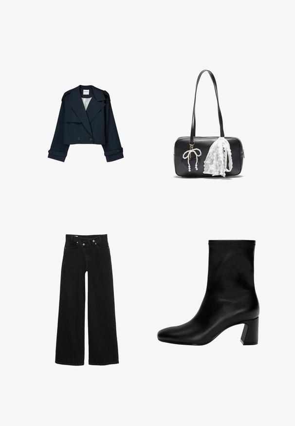 Námořnická zkrácená bunda s dvouřadým zapínáním, velkými klopami a knoflíkovými akcenty. Má hladký povrch a dlouhé rukávy s manžetami.; Černý pletený svetr s dlouhým rukávem, kulatým výstřihem, vroubkovanými manžetami a lemem, a zkrácenou délkou.; Černé široké džíny s vysokým pasem, předními kapsami, poutky na pás a dvoubodovým zapínáním.; Černé kotníkové boty vyrobené z hladké kůže. Mají čtveratou špičku, elastický vršek a masivní podpatek pro stabilitu. Minimalistický design.; Even&Odd Kabelka - black