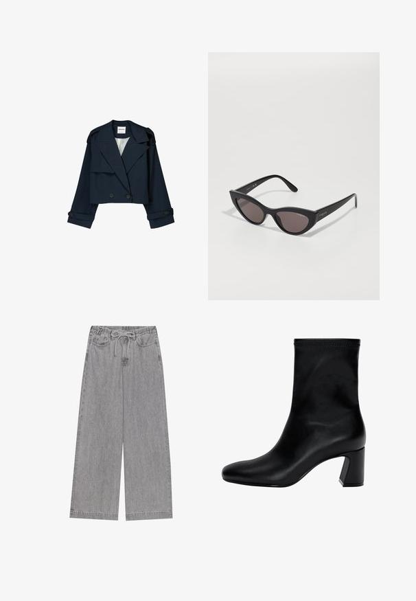 Modra skrajšana jakna z dvojnim gumbom spredaj, velikimi klapnicami in detajli gumbov. Ima gladko teksturo in dolge rokave z manšetami.; Črna dolga pletena pulover z dolgimi rokavi, krojnim izrezom, rebrastimi manšetami in robom ter krajšo dolžino.; Sive široke hlače iz denima, z elastičnim pasom in vrvico, dvema sprednjima žepoma ter ravnim krojem.; Črne gležnjarje iz gladke usnjene obutve. Imajo kvadratni nos, elastičen vrh in široko peto za stabilnost. Minimalističen dizajn.; Mačkaste sončna očala z mat črnim okvirjem in temnimi lečami, s 'vogue' blagovno znamko na strani in značilno angularno obliko.; Even&Odd Torbica - black