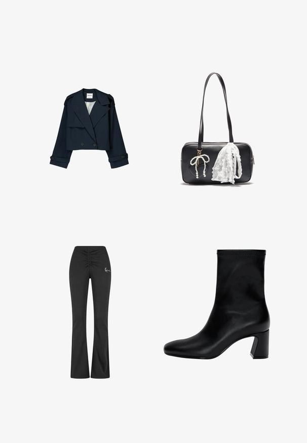 Veste coupe-courte marine avec un devant croisé, de grands revers et des accents de boutons. Présente une texture lisse et des manches longues avec des poignets.; Pull en maille noir à manches longues avec col rond, poignets et ourlet côtelés, et longueur cropped.; Pantalons noirs évasés avec une ceinture smockée, fabriqués à partir d'un tissu doux et extensible. Présente un petit logo blanc sur le côté gauche.; Botte noire à la cheville en cuir lisse. Possède un bout carré, un haut élastiqué et un talon épais pour la stabilité. Design minimaliste.; Even&Odd Sac à main - black