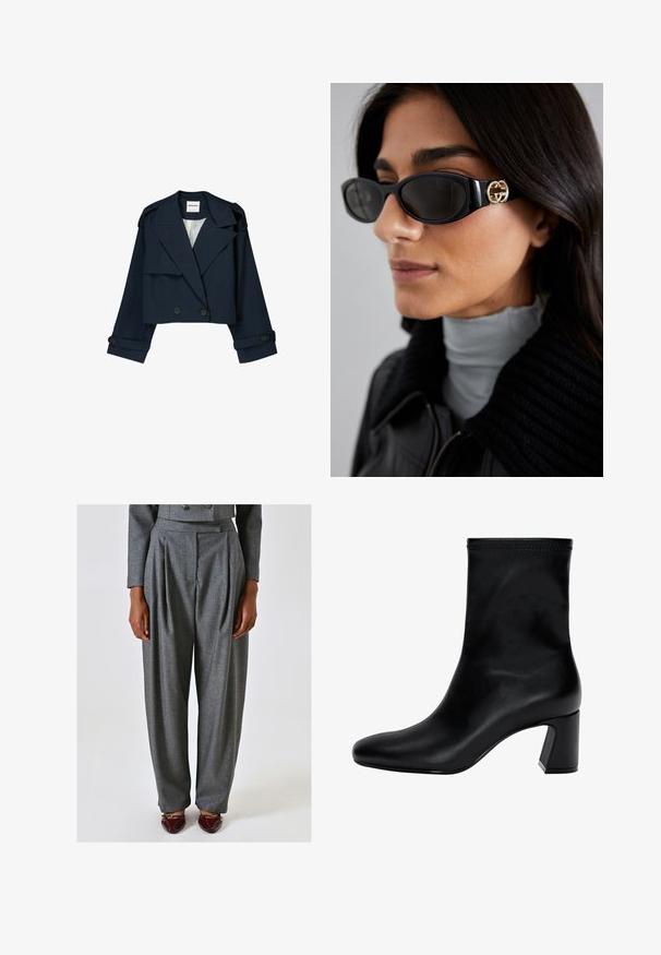 Marinefarbene, kurz geschnittene Jacke mit doppelter Knopfleiste, großen Revers und Knopf-Akzenten. Sie hat eine glatte Textur und lange Ärmel mit Manschetten.; Schwarzer langärmeliger Strickpullover mit Rundhalsausschnitt, gerippten Bündchen und Saum sowie verkürzter Länge.; Graue maßgeschneiderte Hosen mit Falten, gefertigt aus einem strukturierten Stoff. Merkmale sind eine hohe Taille und ein weit geschnittener Beinschnitt, kombiniert mit burgunderfarbenen Schuhen.; Schwarzer Knöchelstiefel aus glattem Leder. Mit quadrater Zehenpartie, elastischem Schaft und einem stabilen Blockabsatz. Minimalistisches Design.; Schwarze Sonnenbrille mit einem schlanken rechteckigen Rahmen und einem goldenen Logo-Akzent an der Seite. Dunkle Gläser und glänzende Oberfläche sind auffällig.; Grau strukturierte Handtasche mit gepolstertem Griff, Netzelementen, verstellbarem Schulterriemen und einem vorderen Verschluss. Kompaktes Design mit abgerundeter Form.