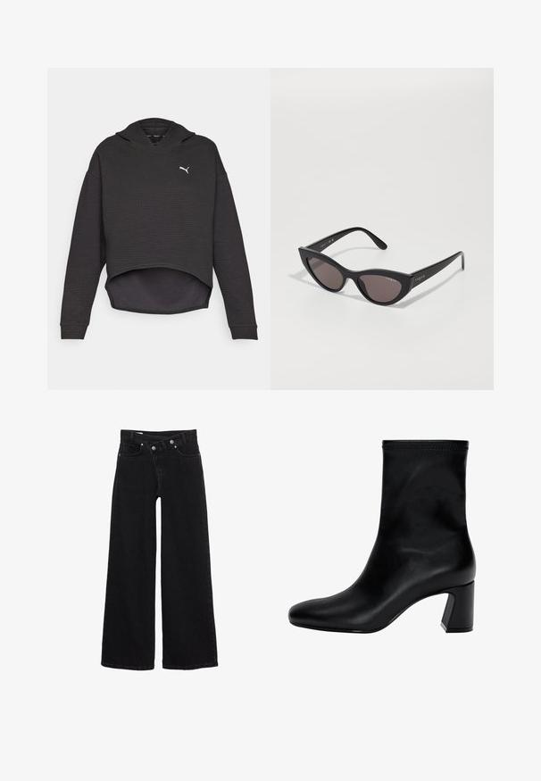 Niebieska krótka kurtka z podwójnym zapięciem z przodu, dużymi klapami i guzikami. Posiada gładką teksturę oraz długie rękawy z mankietami.; Czarna, krótka bluza z kapturem o teksturowanej tkaninie, z kapturem i białym logo na piersi. Długie rękawy i zaokrąglony dół.; Czarne, wysokie spodnie dżinsowe z szerokimi nogawkami, z kieszeniami z przodu, szlufkami na pasek i podwójnym zapięciem na guziki.; Czarny botek na kostkę wykonany z gładkiej skóry. Posiada kwadratowy czubek, elastyczny górny brzeg oraz masywny obcas zapewniający stabilność. Minimalistyczny design.; Okulary przeciwsłoneczne w kocim kształcie z matową czarną oprawą i ciemnymi soczewkami, z logo "Vogue" po boku oraz charakterystycznym kanciastym kształtem.; Even&Odd - Torebka