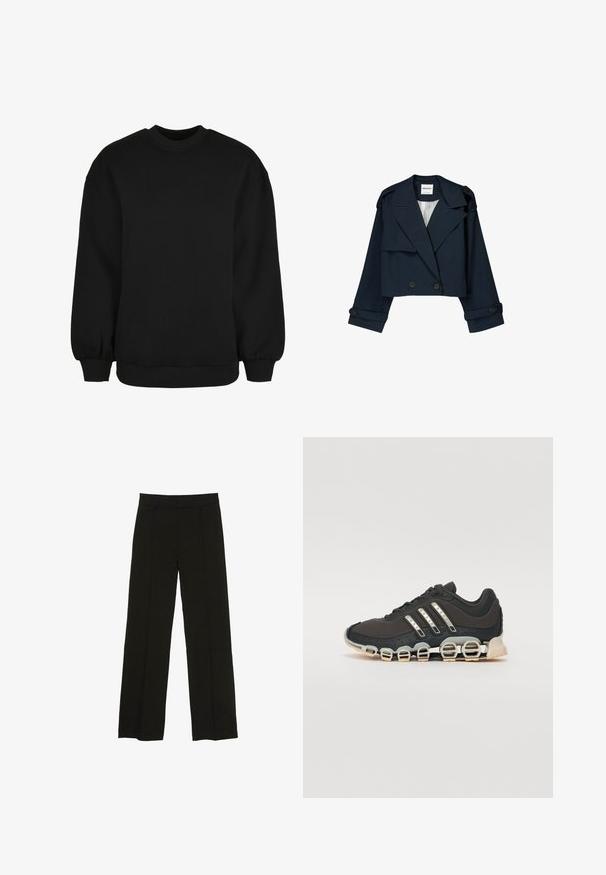 Giacca corta blu navy con davanti doppiopetto, ampie revers e dettagli con bottoni. Caratterizzata da una texture liscia e maniche lunghe con polsini.; Felpa nera con collo a girocollo, maniche lunghe con polsini elasticizzati e orlo a costine. Realizzata in un morbido tessuto testurizzato.; Pantaloni neri a gamba larga realizzati in un tessuto morbido, con una vita aderente e sottili pieghe frontali per un tocco di consistenza.; Scarpa da ginnastica nera con tomaia testurizzata, tre strisce argentate e una suola ammortizzata distintiva con più sezioni integrate.