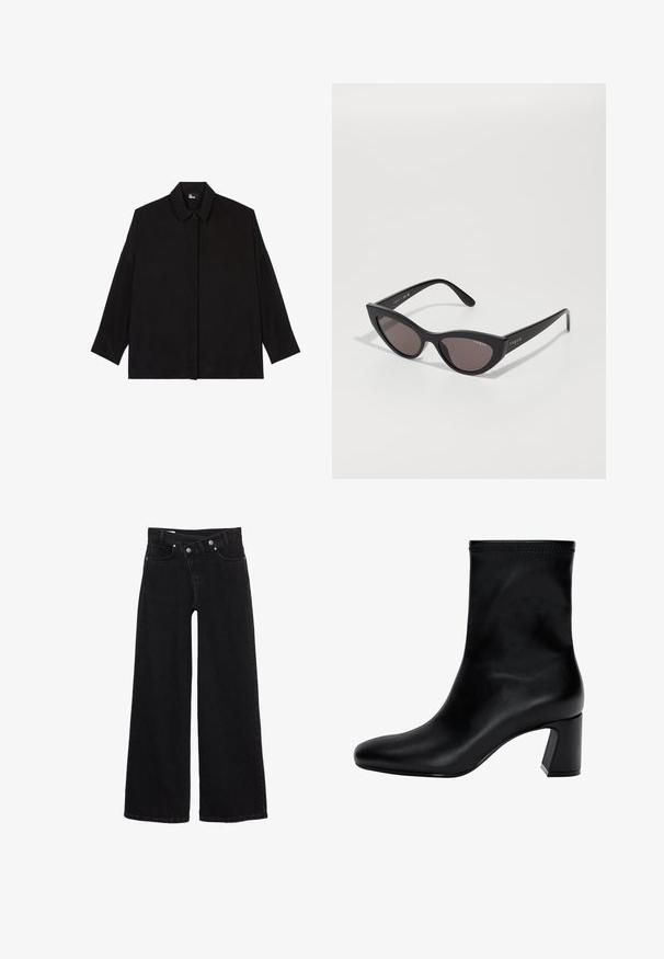 Marinefarbene, kurz geschnittene Jacke mit doppelter Knopfleiste, großen Revers und Knopf-Akzenten. Sie hat eine glatte Textur und lange Ärmel mit Manschetten.; Schwarzes Hemd mit Knöpfen, Kragen, langen Ärmeln und lockerer Passform. Hergestellt aus einem glatten, weichen Stoff ohne sichtbare Muster.; Schwarze hochtaillierte weit geschnittene Jeans mit Fronttaschen, Gürtelschlaufen und doppelt geknöpftem Verschluss.; Schwarzer Knöchelstiefel aus glattem Leder. Mit quadrater Zehenpartie, elastischem Schaft und einem stabilen Blockabsatz. Minimalistisches Design.; Cat-Eye-Sonnenbrille mit mattem schwarzen Rahmen und dunklen Gläsern, mit "Vogue"-Branding an der Seite und einer markanten, eckigen Form.; Even&Odd Handtasche - black