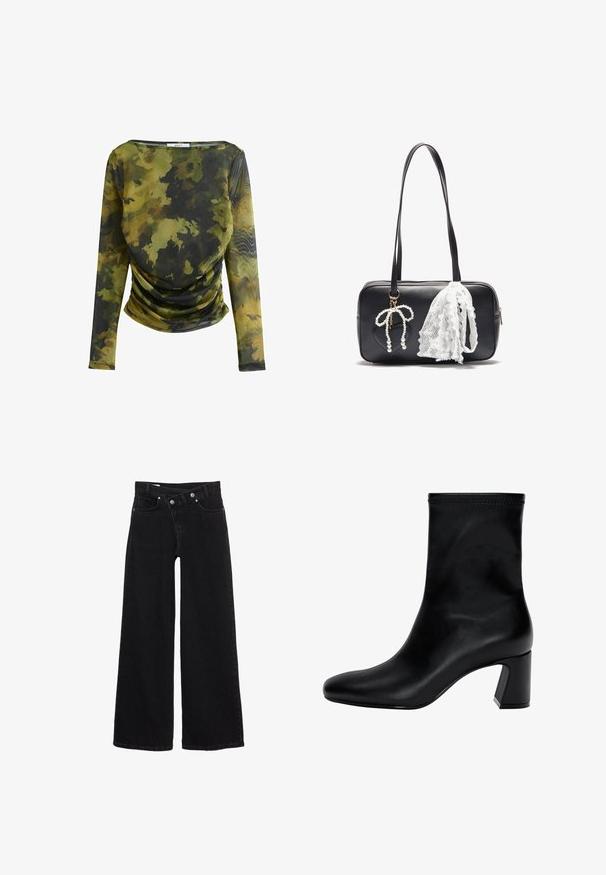 Marinefarbene, kurz geschnittene Jacke mit doppelter Knopfleiste, großen Revers und Knopf-Akzenten. Sie hat eine glatte Textur und lange Ärmel mit Manschetten.; Langärmliges Oberteil aus leichtem, durchscheinendem Stoff mit grünem und schwarzem Tarnmuster. Verfügt über einen Rundhalsausschnitt und Raffung an der Taille.; Schwarze hochtaillierte weit geschnittene Jeans mit Fronttaschen, Gürtelschlaufen und doppelt geknöpftem Verschluss.; Schwarzer Knöchelstiefel aus glattem Leder. Mit quadrater Zehenpartie, elastischem Schaft und einem stabilen Blockabsatz. Minimalistisches Design.; Even&Odd Handtasche - black