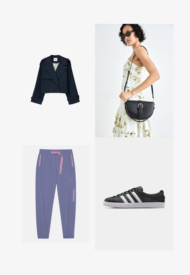 Marineblauwe cropped jas met een dubbelzijdige voorkant, grote revers en knoopaccenten. Kenmerkt zich door een gladde textuur en lange mouwen met manchetten.; Langarmtop in lichtbeige, met een gradient blauw ontwerp. Glad textuur met een ronde halslijn en rechte zoom.; Even&Odd active Outdoorbroeken - blue/grey; Zwarte lederen sneaker met een witte drie-strepen ontwerp, ronde neus, platte witte rubberen zool en merkdetail aan de zijkant.; Zwarte leren handtas met een gebogen vorm, afneembare schouderband en gouden hardware. De tas heeft een klep met een gespsluiting.