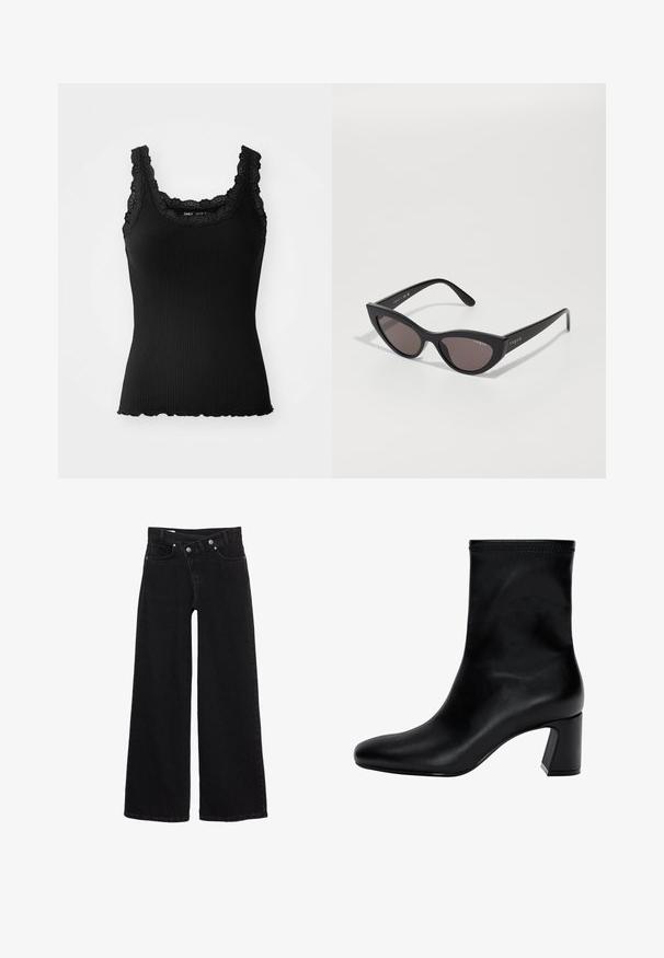 Modra skrajšana jakna z dvojnim gumbom spredaj, velikimi klapnicami in detajli gumbov. Ima gladko teksturo in dolge rokave z manšetami.; Črn rebrast top z čipkastim obrobom na izrezu in ramenih, z valovitim robom in prilegajočo se zasnovo, narejen iz razteznega materiala.; Črne široke hlače visokega pasu z sprednjimi žepi, pasom za pas in dvojnim gumbom za zapiranje.; Črne gležnjarje iz gladke usnjene obutve. Imajo kvadratni nos, elastičen vrh in široko peto za stabilnost. Minimalističen dizajn.; Mačkaste sončna očala z mat črnim okvirjem in temnimi lečami, s 'vogue' blagovno znamko na strani in značilno angularno obliko.; Even&Odd Torbica - black