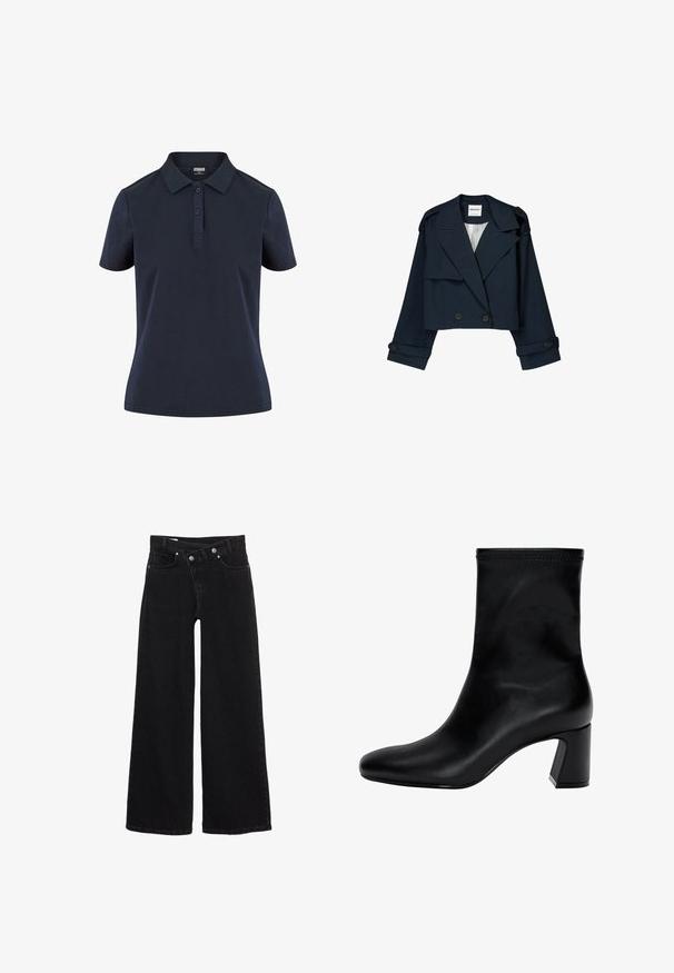 Marinblå croppad jacka med dubbelknäppt front, stora kragar och knappdetaljer. Har en slät yta och långa ärmar med manschetter.; Mörkblå polo shirt i mjukt tyg, med klassisk krage, tre-knapps knäppning och korta ärmar med avslappnad passform.; Svarta högmidjade vida jeans med framfickor, bälteshällor och dubbelknäppning.; Svart ankelsko i slät läder. Har en fyrkantig tå, elastisk överdel och en kraftig klack för stabilitet. Minimalistisk design.