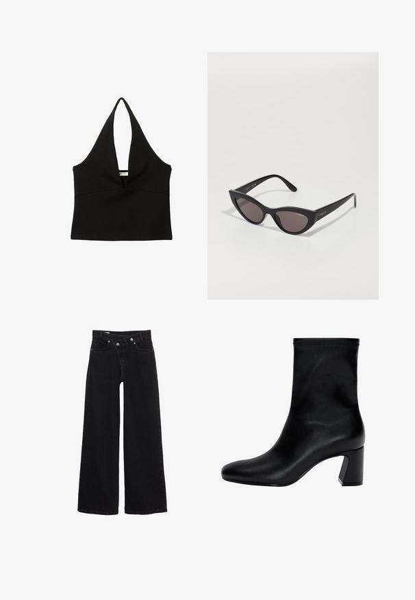 Námořnická zkrácená bunda s dvouřadým zapínáním, velkými klopami a knoflíkovými akcenty. Má hladký povrch a dlouhé rukávy s manžetami.; Černý halter top s hlubokým výstřihem do V. Vyrobený z hladké tkaniny, má přiléhavý siluetu a čistý lem. Žádné kovové prvky ani doplňky.; Černé široké džíny s vysokým pasem, předními kapsami, poutky na pás a dvoubodovým zapínáním.; Černé kotníkové boty vyrobené z hladké kůže. Mají čtveratou špičku, elastický vršek a masivní podpatek pro stabilitu. Minimalistický design.; Kočičí sluneční brýle s matným černým rámem a tmavými skly, na boku s brandingem "vogue" a charakteristickým úhlovým tvarem.; Even&Odd Kabelka - black