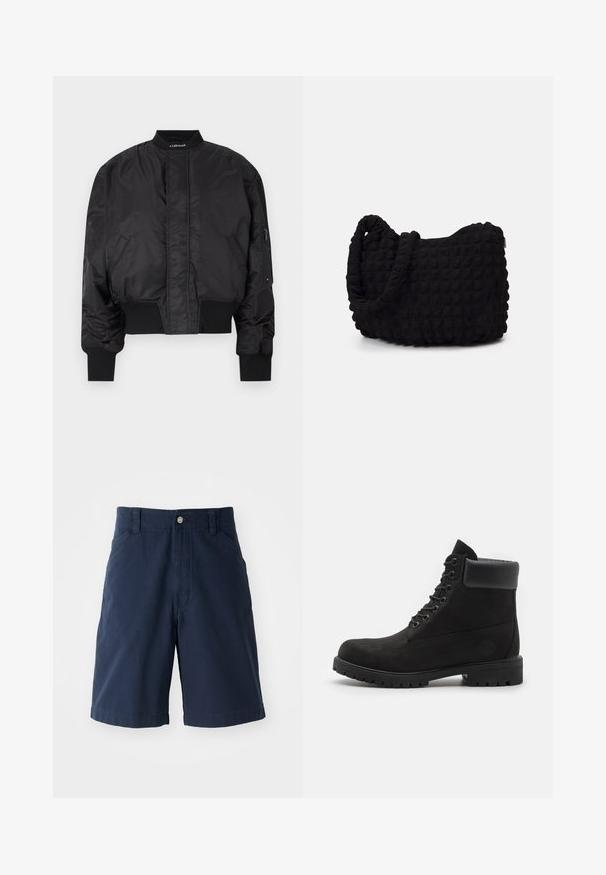 Melns bomberis ar rāvējslēdzēju priekšpusē, ribotām piedurknēm un apakšmalu. Iekļauj sānu kabatas un logo uzlīmi netālu no apkakles. Gluda, spīdīga apdare.; Pelēks puloveris ar kapuci, izgatavots no mīksta kokvilnas auduma maisījuma, ar lielu priekšējo kabatu, regulējamiem aukliņām un ribotiem piedurknēm un apakšmalu.; Tumši zilo kokvilnas šortu ar plakanu priekšpusi, divām sānu kabatām un vienu pogu aizdari jostasvietā. Klasisks taisna kāja dizains.; Melni šņorējamie potīšu zābaki ar mīkstu apkakli un izturīgu zoli, parādīti profila skatā uz balta fona.; Melnas auduma soma ar strukturētu, quiltotu rakstu. Apaļa forma, īsas, resnas rokturi un mīksta, elastīga konstrukcija.
