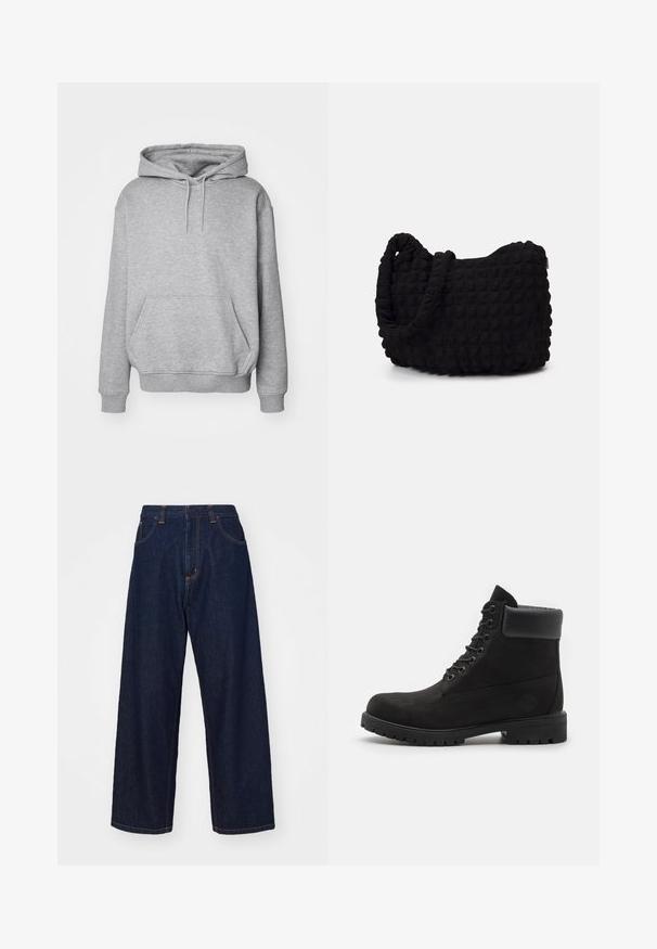 Černá bomber bunda se zipem v přední části, žebrovanými manžetami a lemem. Obsahuje boční kapsy a štítek s logem blízko límce. Hladký, lesklý povrch.; Šedá mikina s kapucí vyrobená z měkké směsi bavlny, s velkou přední kapsou, nastavitelnými tkaničkami a žebrovanými manžetami a spodním lemem.; Temně modré džíny s širokými nohavicemi, oranžovým prošitím, pěti kapsami a zipovým zapínáním, s uvolněným střihem a hladkou texturou.; Černé kotníkové boty na šněrování s polstrovaným límcem a robustní podrážkou, zobrazené v profilu na bílém pozadí.; Černá látková taška s texturovaným, prošívaným vzorem. Zaoblený tvar, krátké, silné uchy a měkká, flexibilní struktura.