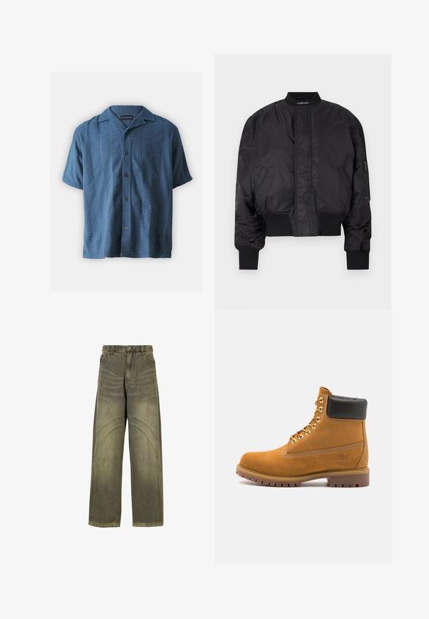 Schwarze Bomberjacke mit Reißverschluss vorne, gerippten Bündchen und Saum. Verfügt über Seitentaschen und ein Logotag am Kragen. Glatte, glänzende Oberfläche.; Abercrombie & Fitch Hemd - blue; Olivengrüne Jeans mit weitem Bein aus Denim, ausgestattet mit geschwungenen Nahtakzenten, klassischen Knopfverschluss und einem verwaschenen Finish.; Beige Wildleder-Ankle-Boot mit schwarzem gepolstertem Kragen, goldenen Metallösen, weißen Nähdetalben und einer robusten Gummisohle mit ausgeprägtem Profil.