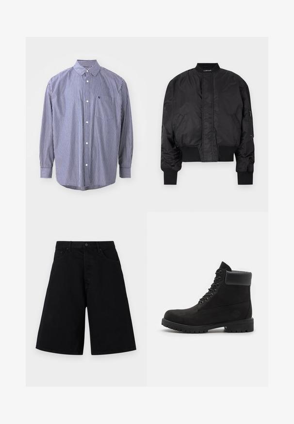 Chaqueta bomber negra con cremallera frontal, puños y dobladillo acanalados. Presenta bolsillos laterales y una etiqueta de logo cerca del cuello. Acabado suave y brillante.; Camisa de botones a rayas en azul marino y blanco. Presenta un cuello, mangas largas, un bolsillo en el pecho y un dobladillo curvado. Corte clásico con tejido texturizado.; Shorts de mezclilla negra con un corte relajado, que presentan un diseño clásico de cinco bolsillos y cierre de botón, textura suave y corte recto.; Botín negro con cordones hasta el tobillo, con cuello acolchado y suela resistente, mostrado de perfil sobre un fondo blanco.