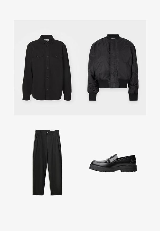 Fekete bomber dzseki, cipzáras elülső résszel, bordás mandzsettákkal és szegéllyel. Oldalsó zsebekkel és logó címkével a gallér közelében. Simma, fényes felület.; Fekete hosszú ujjú ing, pamut szövet, hegyes gallér, elöl gombos záródás, két mellzseb patent gombokkal, egyenes szegély, laza fazon.; Fekete pamut nadrág laza szabással, klasszikus derékrésszel, elülső hajtásokkal és oldalsó zsebekkel. Simább textúra minta nélkül.; Fekete bőr loaferek vastag, bordázott talppal és díszcsíkkal az upper rész felett, bal oldali profilmódban, fehér háttér előtt.