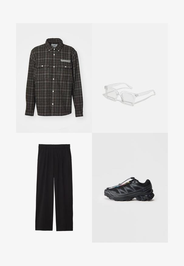 Černá bomber bunda se zipem v přední části, žebrovanými manžetami a lemem. Obsahuje boční kapsy a štítek s logem blízko límce. Hladký, lesklý povrch.; Černá a hnědá kostkovaná flanelová košile s špičatým límcem, dlouhými rukávy, dvěma náprsními kapsami a bílým logem na levé straně.; Černé široké kalhoty s skladaným předním dílem, bočními kapsami a hladkou texturou tkaniny. Navrženy pro pohodlný střih.; Černá atletická bota s texturovaným síťovaným svrškem, zpevněnou špičkou a rychlým systémem šněrování. Disponuje robustní podešví a mírným zvýšením paty.; Průhledné obdélníkové sluneční brýle s tlustým plastovým rámem, vybavené mírně zrcadlovými čočkami a bez dalších vzorů či akcentů.