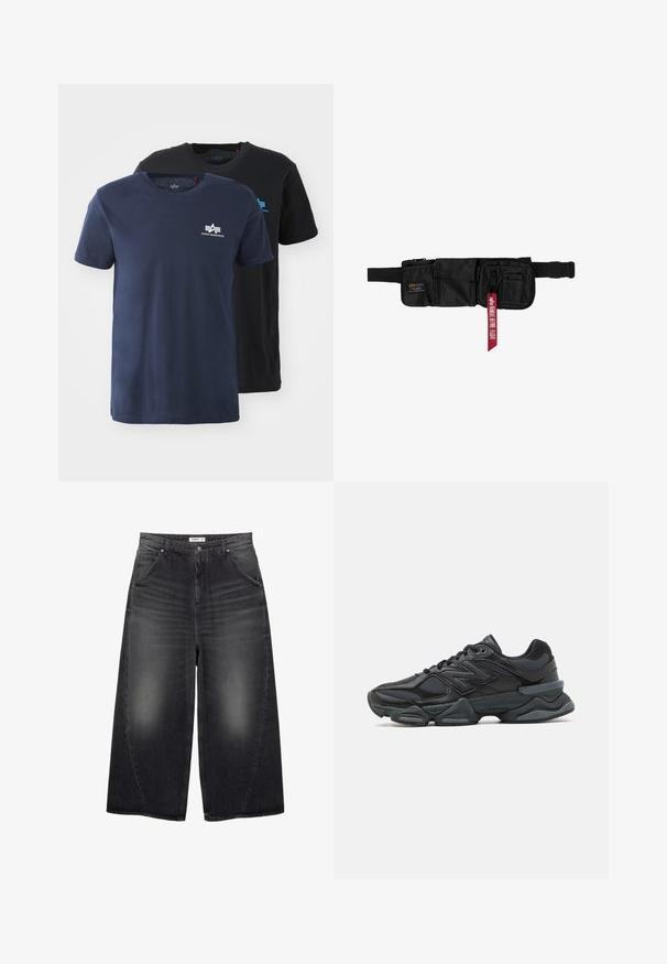 Černá bomber bunda se zipem v přední části, žebrovanými manžetami a lemem. Obsahuje boční kapsy a štítek s logem blízko límce. Hladký, lesklý povrch.; Dvě trička s kulatým výstřihem: jedno námořnické modré, druhé černé. Obě jsou bavlněná, krátký rukáv s malým bílým logem na hrudi.; PULL&BEAR MEGA BAGGY - Baggy džíny - black; Černá běžecká bota s kombinací síťoviny a syntetických materiálů, masivní podešev, zakřivený design a výrazné logo na boku.; Černá nylonová taška přes pás s několika zipovými kapsami, texturovaným popruhem a červeným akcentovým štítkem s nápisem "ALWAYS BEFORE FLIGHT" vytištěným bílou barvou.