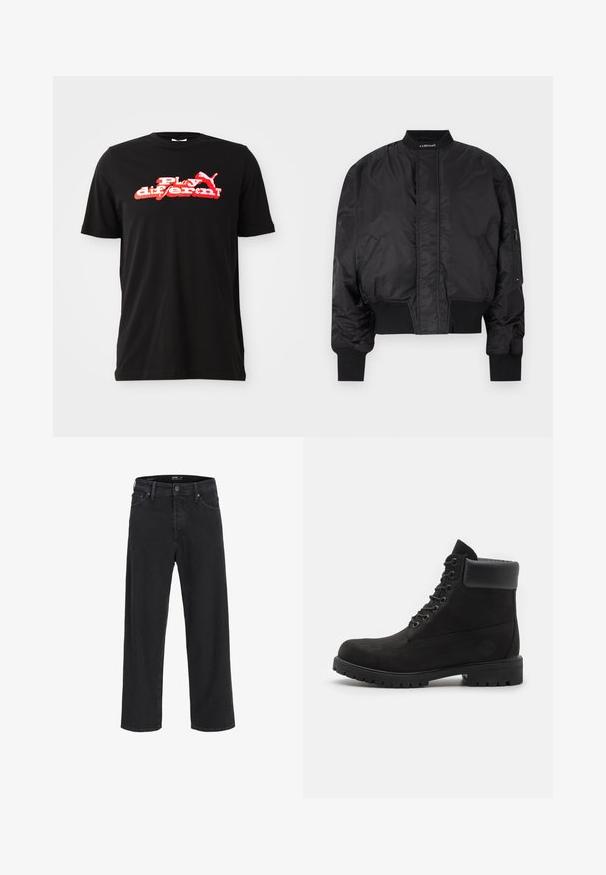 Melns bomberis ar rāvējslēdzēju priekšpusē, ribotām piedurknēm un apakšmalu. Iekļauj sānu kabatas un logo uzlīmi netālu no apkakles. Gluda, spīdīga apdare.; Melnas kokvilnas T-krekls ar uzkrītošu sarkanu un baltu grafisko dizainu, kur uzraksts "Spēlē citādāk!" un logo elements. Īsas piedurknes un apaļš kakls.; Melna klasisko taisno kāju džinsu bikses ar pogu un rāvējslēdzēju, jostas cilpas, kā arī priekšējām un aizmugurējām kabatām.; Melni šņorējamie potīšu zābaki ar mīkstu apkakli un izturīgu zoli, parādīti profila skatā uz balta fona.