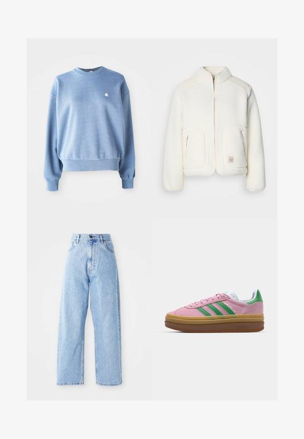 Giacca in pile bianca con colletto strutturato, chiusura con zip e due tasche anteriori. Presenta una texture morbida e pannelli sulle spalle a contrasto.; Felpa azzurra a girocollo realizzata in tessuto morbido, con polsini e orlo a costine, e un piccolo logo bianco sul petto.; Jeans in denim azzurro chiaro a vita alta con gambe larghe e dritte, chiusura frontale con bottone e zip, e tasche anteriori e posteriori.; Sneakers in suede rosa con strisce verdi, dettagli bianchi e suola in gomma marrone. Presentano un tessuto testurizzato e un logo sulla parte laterale.