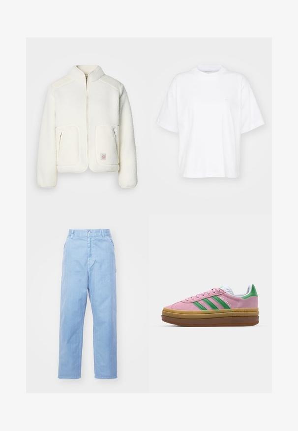 Vit fleecejacka med en strukturerad krage, dragkedja fram och två framfickor. Den har en mjuk textur och kontrasterande axelpaneler.; Vit bomull t-shirt med rund hals, korta ärmar och avslappnad passform. Har en diskret logotyp på vänster bröstområde. Slät textur.; Ljusblå denimbyxor med rak bendesign, knappstängning och framfickor. Tyget har en subtil struktur med en mjuk finish.; Rosa mockaskor med gröna ränder, vita accenter och en brun gummisula. Har ett strukturerat tyg och logodetaljer på sidan.