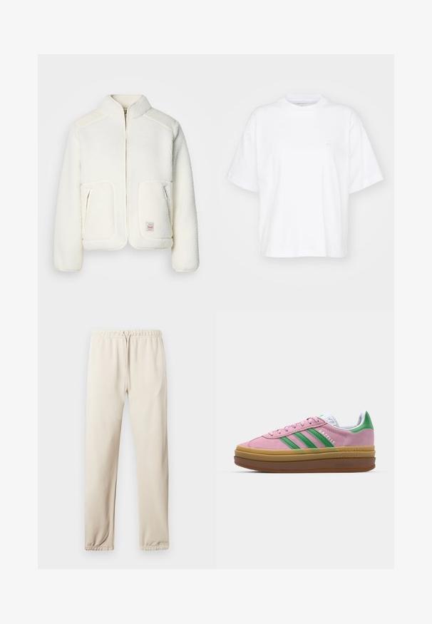 Bílá fleecová bunda se strukturovaným límcem, zipem vpředu a dvěma předními kapsami. Má jemnou texturu a kontrastní ramenní panely.; Bílá bavlněná trička s kulatým výstřihem, krátkými rukávy a volným střihem. Má jemné logo na levé části hrudi. Hladká struktura.; Světle béžové tepláky s elastickým pasem, nastavitelnou šňůrkou a manžetami na nohavicích. Obsahují malé logo na boku. Měkká textilie.; Růžové semišové tenisky se zelenými pruhy, bílými akcenty a hnědou gumovou podrážkou. Mají strukturovanou tkaninu a detail s logem na boku.