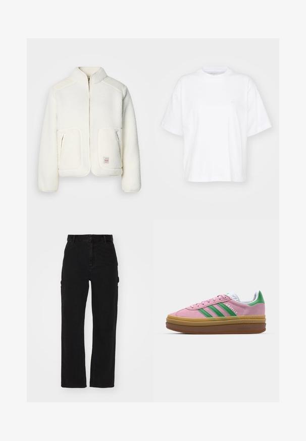 Bijela flis jakna s strukturiranim ovratnikom, zatvaranjem na zip i dva prednja džepa. Ima meku teksturu i kontrastne ramene panele.; Bijela pamučna majica s okruglim izrezom, kratkim rukavima i ležernim krojem. Ima suptilan logo na lijevoj strani grudi. Glatka tekstura.; Crne cargo hlače od denima, s ravnim krojem, bočnim džepovima i zatvaranjem na gumb na struku.; Roze suede tenisice s zelenim trakama, bijelim detaljima i smešnim gumiranim potplatima. Imaju teksturirani materijal i logo detalje sa strane.