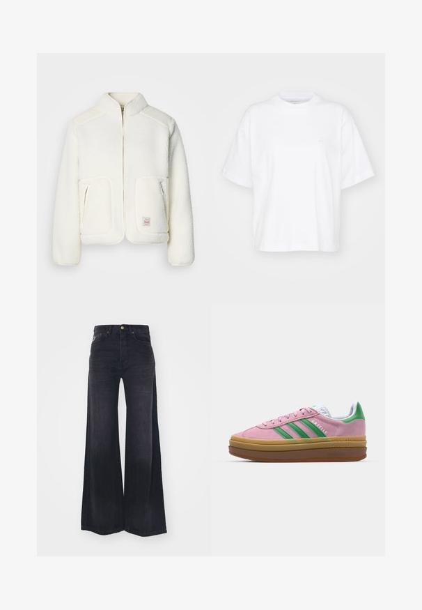 Biała polarowa kurtka z ustrukturyzowanym kołnierzem, zapinana na zamek z przodu i dwoma kieszeniami z przodu. Posiada miękką fakturę i kontrastujące panele na ramionach.; Biała bawełniana koszulka z okrągłym dekoltem, krótkimi rękawami i luźnym krojem. Posiada dyskretny logo na lewej piersi. Gładka faktura.; LOIS Jeans - Wide leg; Różowe zamszowe sneakersy z zielonymi paskami, białymi akcentami i brązową gumową podeszwą. Posiadają teksturowany materiał i detale logo po boku.