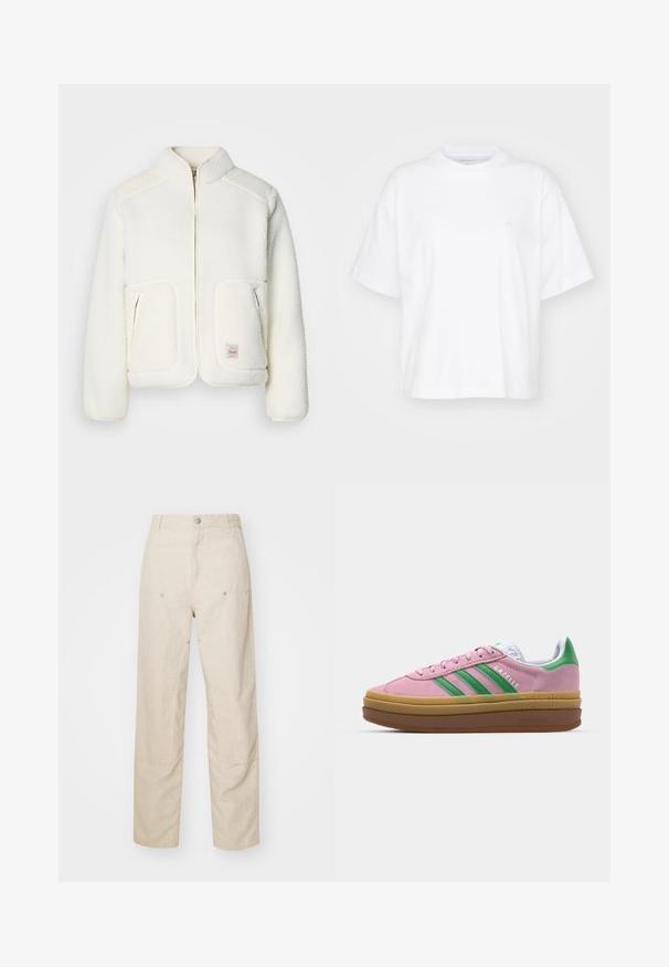 Valge fliisjakker, millel on struktureeritud krae, lukuga ees ja kaks esikotti. Omab pehmet tekstuuri ja kontrastseid õlapaneele.; Valge puuvillane t-särk ümmarguse kaelusega, lühikeste varrukatega ja lõdgalt istuv. Vasakul rinnal on peen logo. Sile tekstuur.; Beez värvi lina püksid, millel on mugav lõige, küljetaskud ja dekoratiivsed õmblused, sujuv vöökoht ning sirged sääred.; Roosa nahast tossud roheliste triipude, valgete aktsentide ja pruuni kummitaldiga. Omavad tekstuuriga kangast ja logo detaile külgedel.