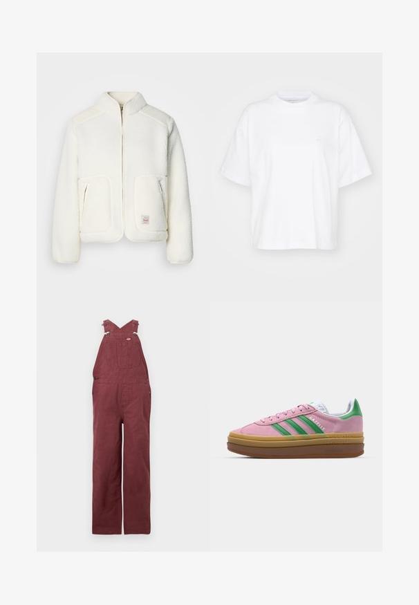 Casaco de lã branco com colarinho estruturado, fecho à frente e dois bolsos frontais. Apresenta uma textura suave e painéis nos ombros em contraste.; T-shirt de algodão branco com decote redondo, mangas curtas e um corte descontraído. Apresenta um logotipo discreto na área do peito esquerdo. Textura suave.; Macacão bordeaux feito de algodão, com alças cruzadas, bolsos frontais e detalhes em metal. Textura suave e ajuste descontraído.; Ténis de camurça rosa com riscas verdes, detalhes brancos e sola de borracha castanha. Apresenta tecido texturizado e detalhes de logótipo na lateral.