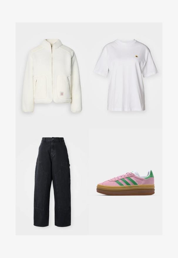 Bela flis jakna s strukturiranim ovratnikom, zadrgo spredaj in dvema sprednjima žepoma. Ima mehak ovoj in kontrastne ramenske plošče.; Bela bombažna majica s sproščenim krojem, kratkimi rokavi in majhnim vezenim logotipom na levi strani prsnega predela.; Črne široke kavbojke iz denima s visokim pasom, dvema velikima sprednjima žepoma in gumbom za zapiranje na pasu. Gladka tekstura, sproščen dizajn.; Roza semširna športna obutev z zelenimi črtami, belimi detajli in rjavim gumijastim podplatom. Ima teksturovan material in logotip na strani.