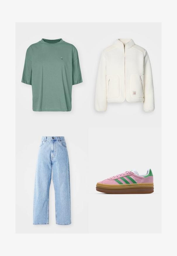 Weißer Fleece-Jacke mit strukturiertem Kragen, Reißverschluss vorne und zwei Fronttaschen. Verfügt über eine weiche Textur und kontrastierende Schulterpaneele.; Kurze Ärmel, locker sitzendes T-Shirt aus gedämpftem grünen Baumwollstoff. Verfügt über ein dezentes Wellenlogo auf der Brust und einen gerippten Rundhalsausschnitt.; Hoch-taillierte hellblaue Jeans mit geraden, weiten Beinen, vorderem Knopf, Reißverschluss und Front- sowie Gesäßtaschen.; Rosa Wildledersneaker mit grünen Streifen, weißen Akzenten und einer braunen Gummisohle. Verfügt über strukturierten Stoff und Logodetails an der Seite.