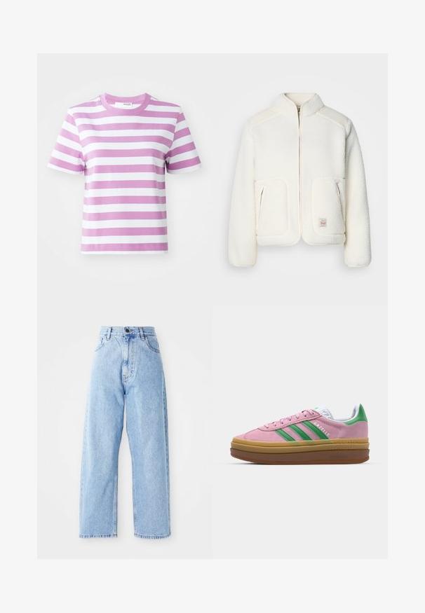 Bijela flis jakna s strukturiranim ovratnikom, zatvaranjem na zip i dva prednja džepa. Ima meku teksturu i kontrastne ramene panele.; Selected Femme SLFESSENTIAL STRIPED BOXY TEE - Majica kratkih rukava s printom - first bloom; Svijetloplave traperice visokog struka sa ravnim širokim nogavicama, prednjim dugmetom, zatvaranjem na zatvarač, te prednjim i stražnjim džepovima.; Roze suede tenisice s zelenim trakama, bijelim detaljima i smešnim gumiranim potplatima. Imaju teksturirani materijal i logo detalje sa strane.