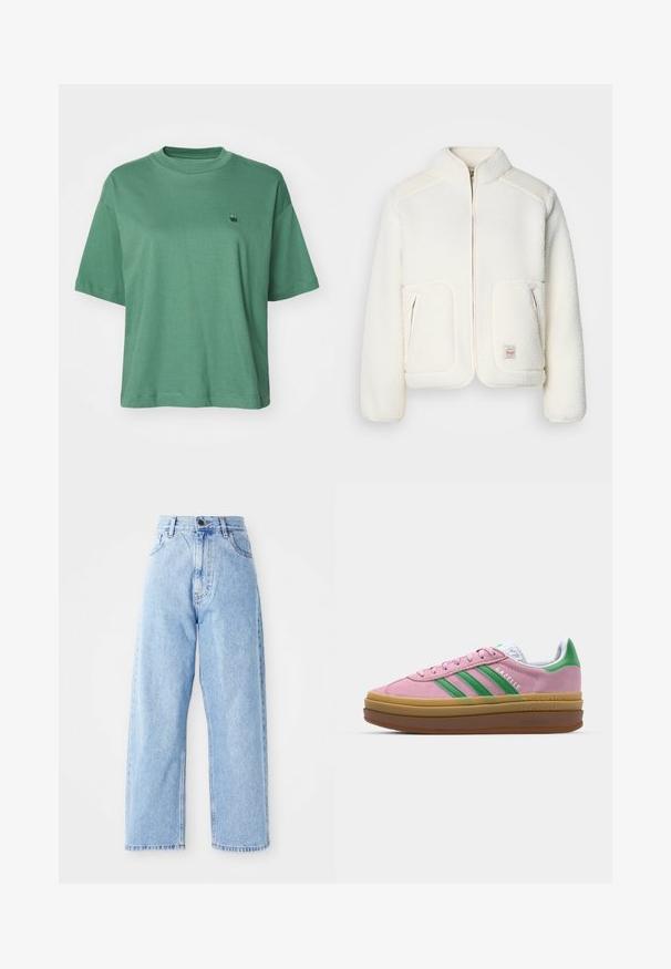 Witte fleecenye met een gestructureerde kraag, ritssluiting aan de voorkant en twee voorzakken. Heeft een zachte textuur en contrasterende schouderpanelen.; Carhartt WIP CHESTER - T-shirt basic - duck green; Hogewaisted lichtblauwe denim jeans met rechte wijde pijpen, voorste knoop, ritssluiting en voor- en achterkant zakken.; Roze suede sneakers met groene strepen, witte accenten en een bruine rubberen zool. Heeft een gestructureerde stof en logodetails aan de zijkant.