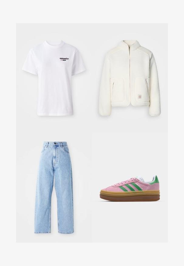 Veste en polaire blanche avec un col structuré, fermeture éclair à l'avant et deux poches avant. Présente une texture douce et des panneaux d'épaule contrastés.; T-shirt blanc à manches courtes et col rond avec un petit logo Carhartt WIP noir et violet sur la poitrine gauche.; Jeans en denim bleu clair taille haute avec des jambes droites larges, fermeture à bouton à l'avant, fermeture éclair et poches avant et arrière.; Baskets en daim rose avec des rayures vertes, des accents blancs et une semelle en caoutchouc brun. Comportent un tissu texturé et un détail de logo sur le côté.