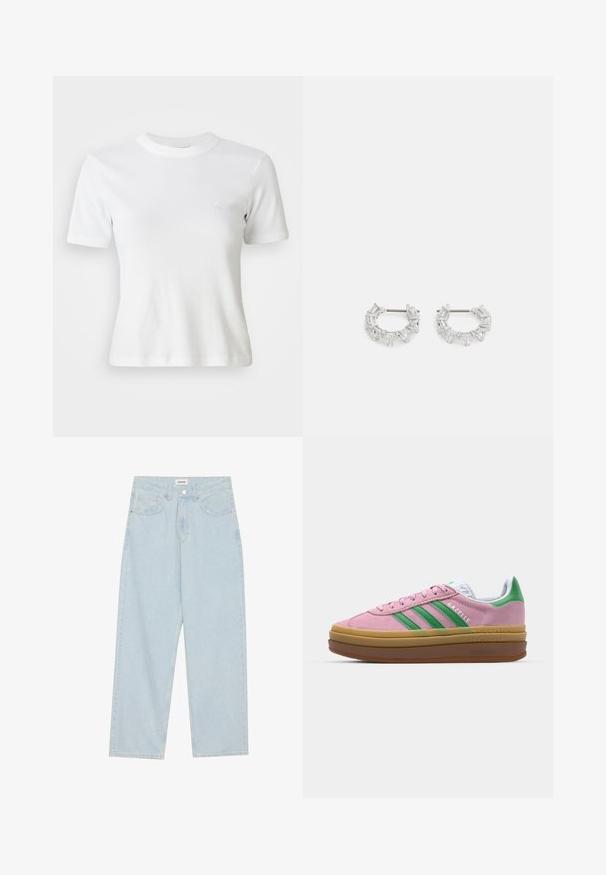 Fehér gyapjú dzseki struktúrált gallérral, cipzáros elülső résszel és két elülső zsebbel. Puha tapintású, és kontrasztos vállpanellel rendelkezik.; Fehér bordázott, rövid ujjú póló kör alakú nyakkivágással és kicsi logóval a mellkason. Puha anyagból készült, testhezálló szabású.; Világoskék, széles lábú farmernadrág, közepes derékkal, öt zsebbel és gombos záródással, vékony fémszínű akcentussal.; Rózsaszín zamákból készült sportcipő zöld csíkokkal, fehér díszítéssel és barna gumi talppal. Texturált anyaggal és logóval ellátott részletekkel az oldalon.; Ezüst karika fülbevalók, átlátszó, téglalap és háromszög alakú kristályokkal, mintás elrendezésben. Biztonságos rögzítést biztosító fülbevaló pálcikák.