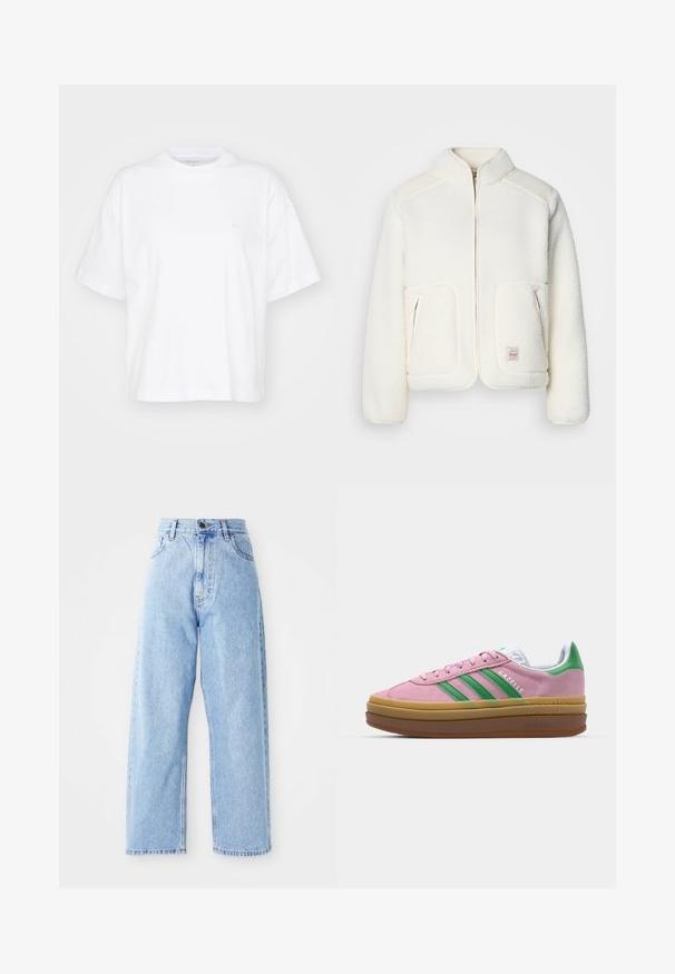 Hvit fleecejakke med strukturert krage, glidelås foran, og to frontlommer. Har myk tekstur og kontrasterende skulderpaneler.; Hvit bomulls t-skjorte med rund hals, korte ermer og en avslappet passform. Har en subtil logo på venstre brystområde. Glatt tekstur.; Høytlivede lyseblå denimjeans med rette vide ben, frontknapp, glidelåslukking og lommer foran og bak.; Rosa semskede sneakers med grønne striper, hvite detaljer og en brun gummisåle. Har teksturert stoff og logodetaljer på siden.