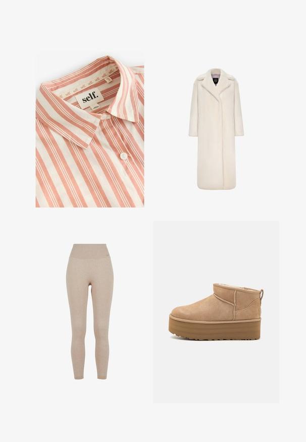Pitkä, norsunluun värinen tekoturkistakki, jossa on viistetty kauluspanta, pitkät hihat ja avonainen etuosa. Pehmeä rakenne ja täyspitkä siluetti.; Self. Paitapusero - rust brown stripe; Beige ribbade leggings med hög midja, tillverkade av ett mjukt, stretchigt tyg för komfort och rörelsefrihet.; Beige mokasiinit nilkkakengät, joissa on pehmeä sisus, alustalla ja takana vetoluukku, joka helpottaa pukemista. Pintakuvioitu kumipohja.