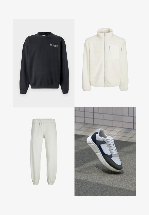 Bílá fleecová bunda s vysokým límcem, předním zipem a malou kapsičkou na zip na hrudi. Měkká textura s nadýchaným vzhledem.; Černá bavlněná mikina se žebrovanými manžetami a lemem. Obsahuje malé logo ve světle barevném textu a má uvolněný střih.; Bílé tepláky vyrobené z měkkého materiálu, s elastickým pasem a manžetami, s hladkou texturou a volným střihem.; Bílé, námořnické a šedé tenisky s kombinovaným materiálovým designem, který zahrnuje texturovaný svršek, ploché šňůrky a polstrovanou podešev.