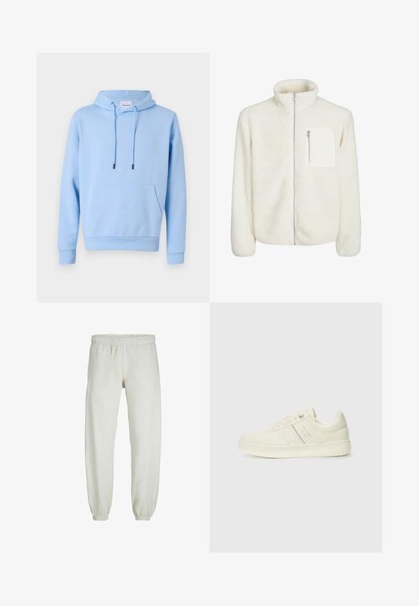 Hvid fleecejakke med høj krave, frontlynlås og en lille lynlås-lomme på brystet. Blød tekstur med et luksuriøst udseende.; Lyseblå hættetrøje i blødt materiale, med en frontkangaroo lomme, justerbare snore og ribbede manchetter og kant.; Hvide sweatpants lavet af blødt stof, med elastisk talje og håndled, der har en glat tekstur og løs pasform.; Cremefarvet sneaker med perforeret detaljering, snørebånd og logo på siden, præsenteret mod en simpel hvid baggrund.