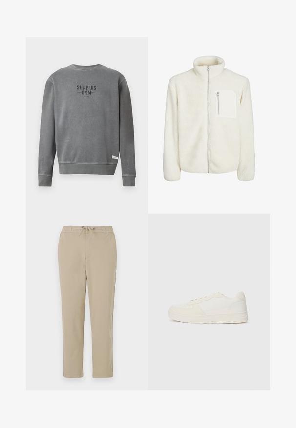Casaco de fleece branco com colarinho alto, fecho à frente com zíper e um pequeno bolso com zíper no peito. Textura suave com uma aparência peluda.; Sweatshirt cinza de manga longa com gola redonda, com o texto "SURPLUS DNM" impresso em preto no peito e uma pequena etiqueta branca perto da bainha.; Calças de lounge bege com cintura elástica e cordão, apresentando um design de perna reta e uma textura suave e macia.; Sapatilha branca com um cabedal em couro liso e detalhes em camurça. Apresenta uma ponta perfurada, atacadores planos e uma sola de borracha com um acabamento texturizado.
