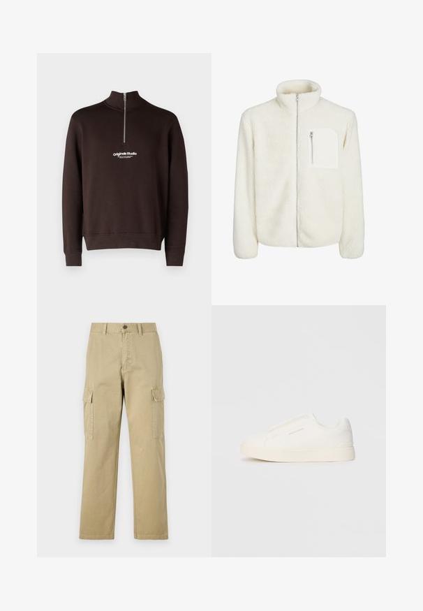 White fleece jacket with high collar, front zip closure, and a small zip pocket on the chest. Soft texture with a plush appearance.; Brown sweatshirt with a high collar and half-zip closure. Features a white logo "originals Studio" on the chest; ribbed cuffs and hem.; Beige cargo pants made of cotton, featuring two side pockets, a button closure, and straight legs with a slightly textured fabric.; White slip-on sneakers with a textured surface, a thick sole, and minimalistic design. Features brand logo on the side.