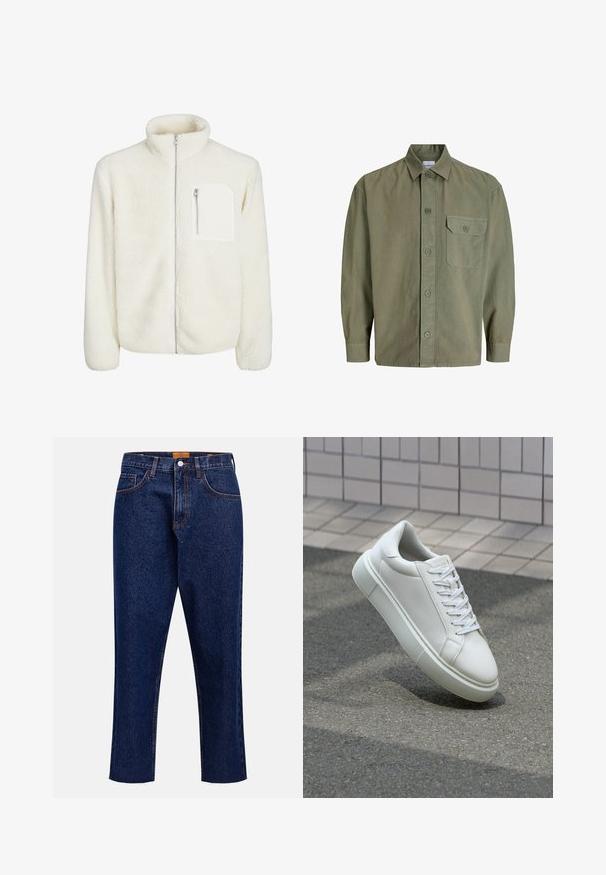 Giacca in pile bianca con colletto alto, chiusura frontale con zip e una piccola tasca con zip sul petto. Texture morbida con un aspetto peloso.; Camicia a maniche lunghe verde oliva con bottone, colletto e una tasca sul petto a sinistra con un solo bottone.; Jeans in denim blu scuro con taglio dritto, vita alta, cinque tasche e orlo sfrangiato. Cuciture a contrasto e dettaglio con chiusura a bottone.; Sneaker bianco in pelle con superficie liscia, punta rotonda e lacci piatti bianchi. Presenta una suola in gomma texturizzata e un design minimale.