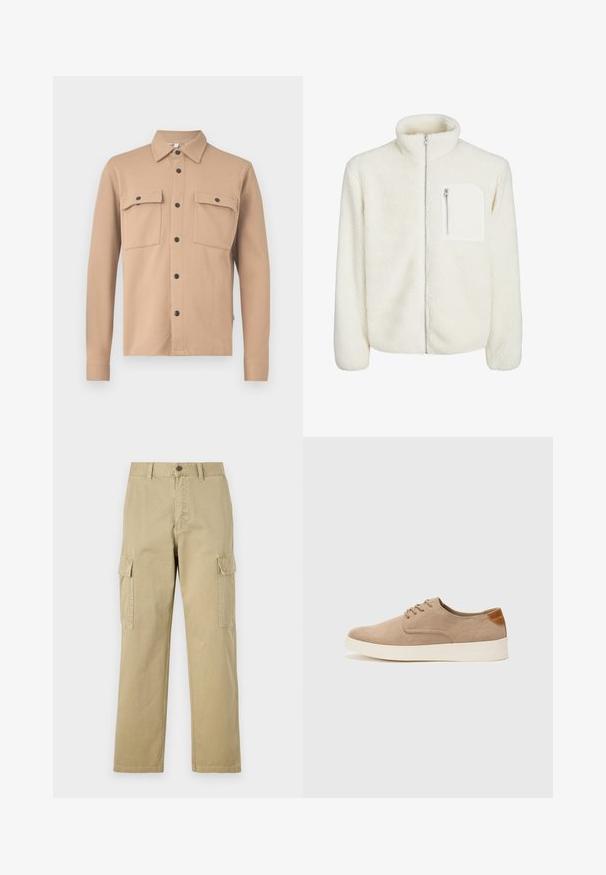 Casaco de fleece branco com colarinho alto, fecho à frente com zíper e um pequeno bolso com zíper no peito. Textura suave com uma aparência peluda.; Casaco de camisa bege claro feito de tecido texturizado, com colarinho pontudo, mangas longas, dois bolsos no peito e botões de pressão pretos.; Calças cargo bege feitas de algodão, com dois bolsos laterais, fecho de botão e pernas retas com um tecido ligeiramente texturizado.; Sapatilhas de camurça bege com bico arredondado, fecho de atacadores na parte da frente e um detalhe texturizado na parte de trás. A sola de borracha branca proporciona contraste. Design simples e moderno.