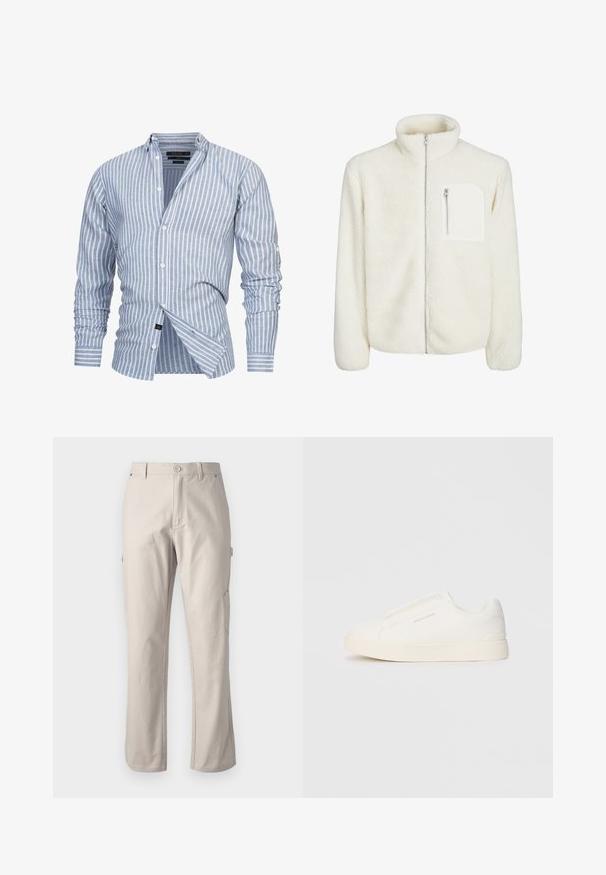 Giacca in pile bianca con colletto alto, chiusura frontale con zip e una piccola tasca con zip sul petto. Texture morbida con un aspetto peloso.; Camicia a righe blu chiaro realizzata in tessuto con righe bianche verticali. Presenta un collo a bottoni e maniche lunghe con polsini a bottone.; Pantaloni cargo beige realizzati in cotone resistente con gambe dritte, chiusura frontale con bottone e tasche laterali per utility. Texture liscia con cuciture sottili.; Sneakers bianchi slip-on con superficie texturizzata, suola spessa e design minimalista. Presentano il logo del marchio sul lato.